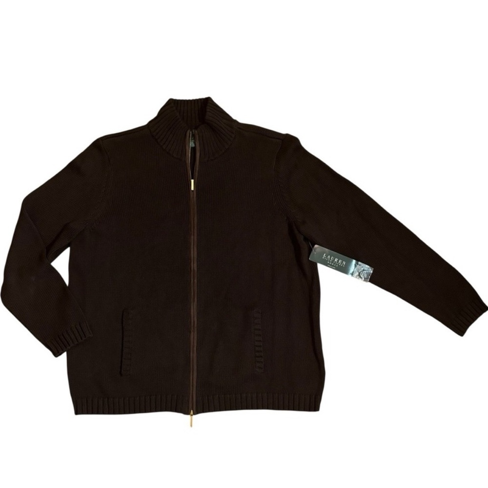 Lauren Ralph Lauren Chocolate Brown Cable Knit Zip Up Cardigan Size 2X - Picture 2 of 8